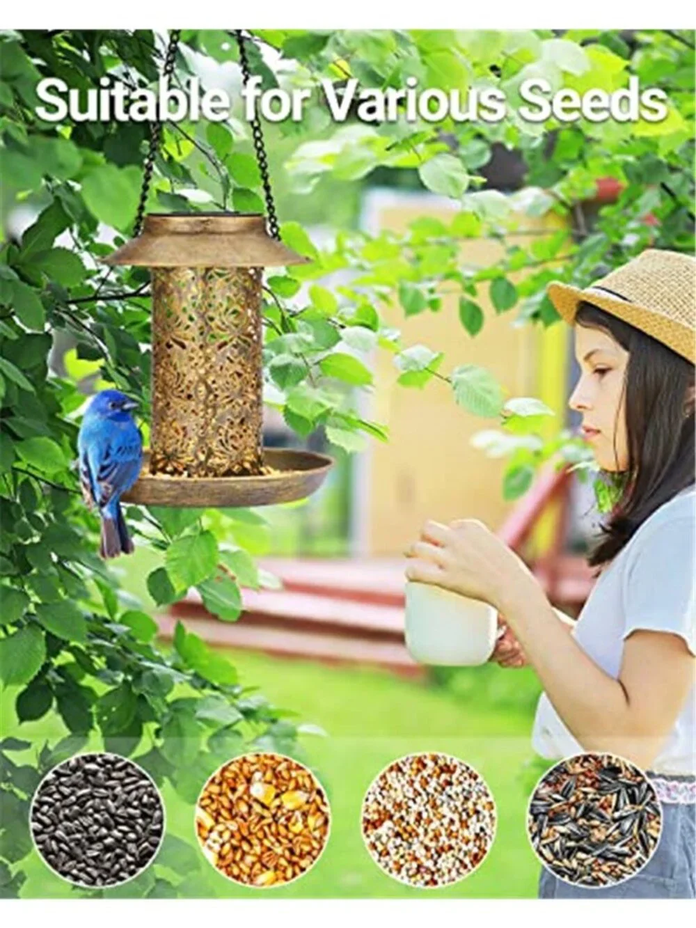 Solar Bird Feeder for Outdoors Hanging, Metal Wild Bird Feeder for Cardinals